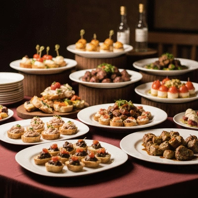 Elegant buffet spread with a variety of beautifully presented dishes for a professional seminar, soft lighting, no text, no words, no typography