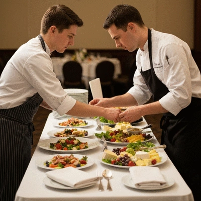 Chef arranging elegant dishes on a buffet table for a wedding, focus on presentation and fresh ingredients, no text, no words, no typography, no labels, clean image
