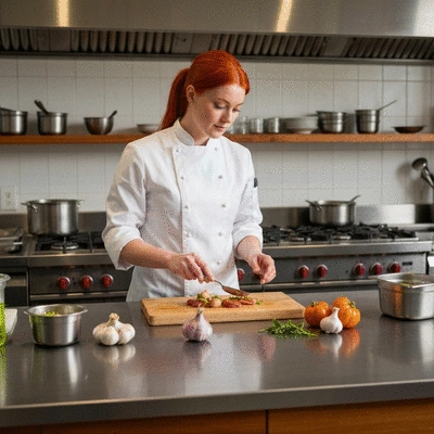 Chef preparing a dish with fresh, local ingredients from Besançon, no text, no words, no typography, 8K