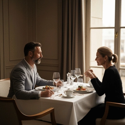 Couple élégant dînant à une table joliment dressée avec des plats gastronomiques, ambiance chaleureuse et raffinée