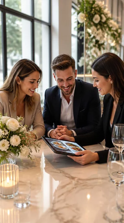 Wedding planner and couple discussing menu options