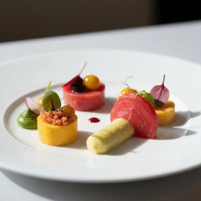 Beautifully arranged gourmet food on a plate at an event