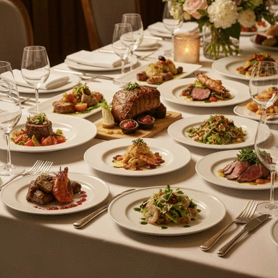 Elegant table setting with various gourmet dishes at a wedding reception