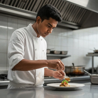 Chef traiteur préparant un plat sophistiqué pour un anniversaire