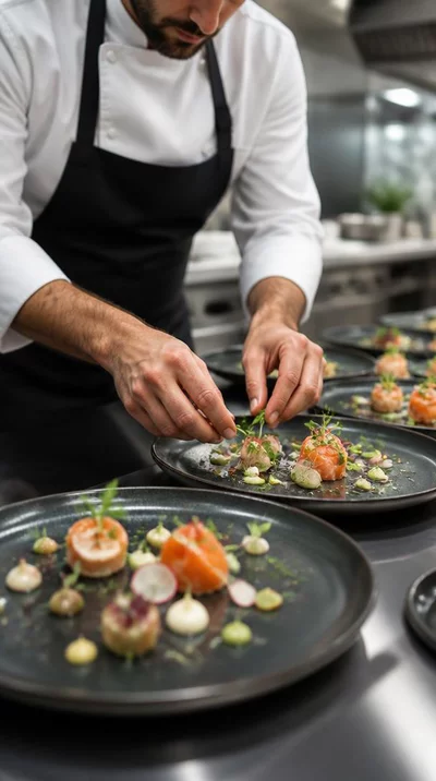 Chef traiteur préparant des plats gastronomiques pour un anniversaire