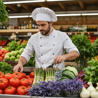 Chef local sélectionnant des ingrédients frais et de saison dans un marché de Besançon