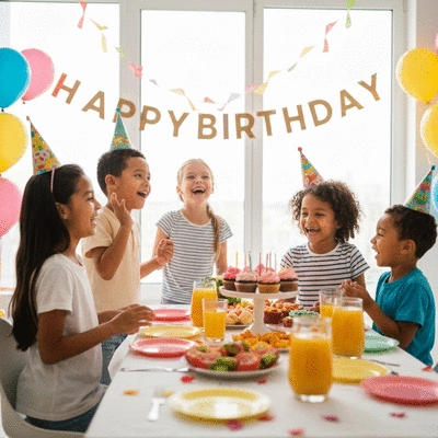 Children enjoying a colorful and fun birthday party with catered food