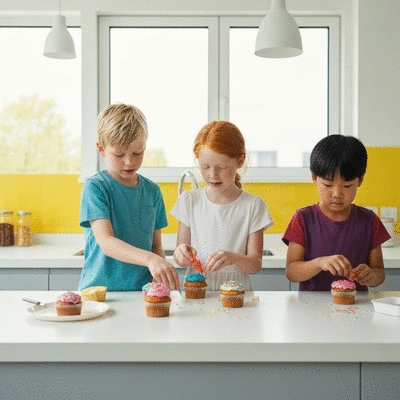 Children decorating cupcakes in a bright, modern kitchen, with colorful icing and sprinkles, no text, no words, no typography, 8K, natural lighting