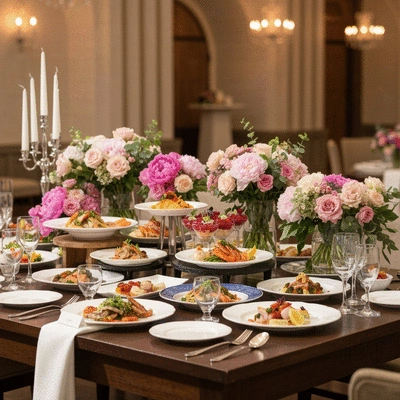Table de mariage élégamment dressée avec des plats traiteur