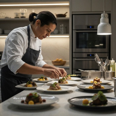 Chef preparing gourmet dishes for an event