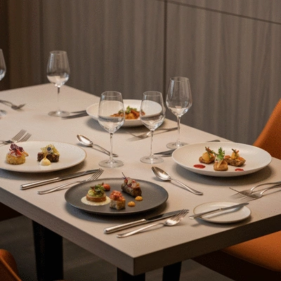 Table élégamment dressée pour un repas d'affaires, avec des assiettes gourmandes et une ambiance professionnelle