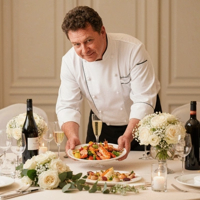 Chef traiteur présentant élégamment un plat de mariage sur une table décorée