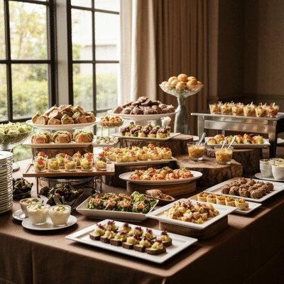 Table de buffet élégante avec des plats préparés à partir d'ingrédients locaux et durables, mise en scène professionnelle pour un événement, no text, no words, no typography, 8K