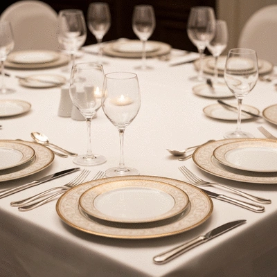 Elegant table setting for a formal event with white tablecloths and fine dining plates