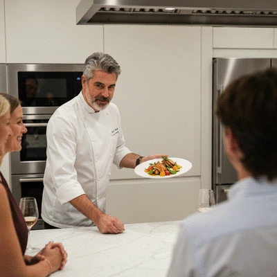 Chef traiteur présentant un plat gastronomique à des convives lors d'un événement à domicile