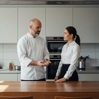 Chef discussing catering menu with event planner