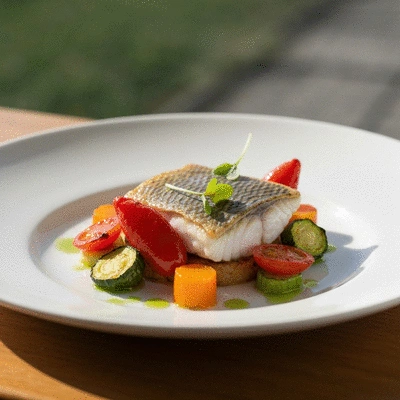 Plat gastronomique coloré et artistiquement dressé sur une assiette blanche