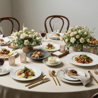 Une table de traiteur élégamment dressée pour un événement, avec des plats gastronomiques et une décoration raffinée, mettant en valeur des produits locaux, no text, no words, no typography, no labels, clean image