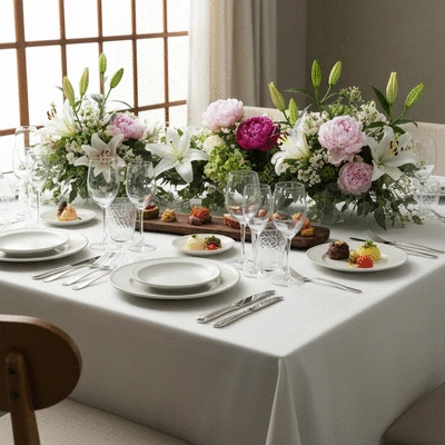 Elegant wedding table setting with gourmet food and floral decorations, ready for guests, no text, no words, no typography, no labels, clean image