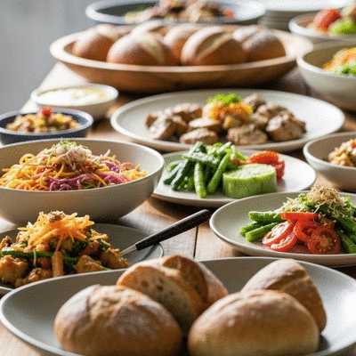 Assortment of vibrant, healthy vegetarian and vegan dishes on a buffet table