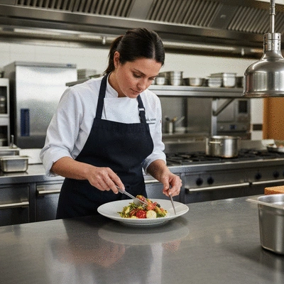 Chef preparing a gourmet dish with local ingredients in a modern kitchen, clean, high-end
