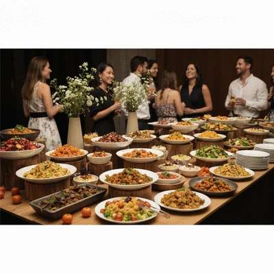 Table de buffet végétarien et vegan colorée et élégante lors d'un événement, avec des invités souriants en arrière-plan, no text, no words, no typography, clean image