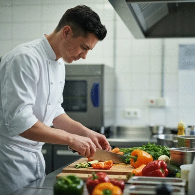 Chef preparing a seasonal dish with fresh vegetables