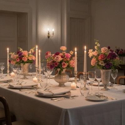 Table de dîner d'anniversaire élégamment dressée avec des fleurs et des bougies
