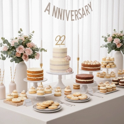 Elegant dessert table with various sweet treats and a personalized cake at an anniversary party, no text, no words, no typography, clean image