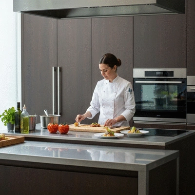 Professional chef preparing gourmet dishes in a modern kitchen
