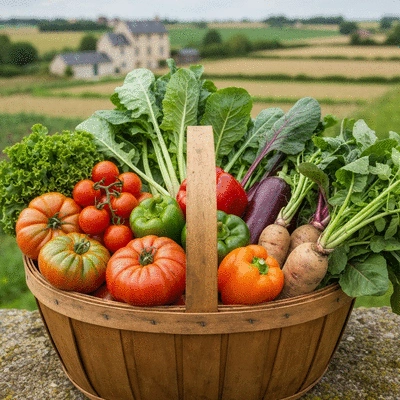 Basket of fresh, colorful seasonal produce from a local farm, no text, no words, no typography, 8K