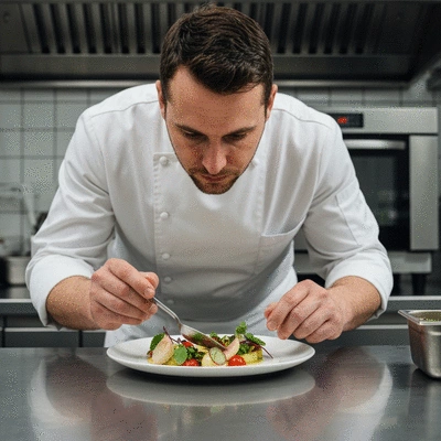 Chef traiteur préparant un plat sophistiqué pour un anniversaire
