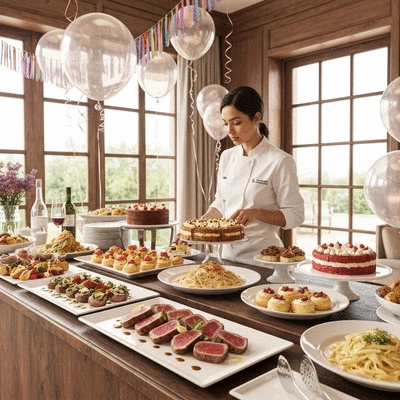 Professional catering service setting up a elegant birthday buffet at home, no text, no words, no typography, 8K