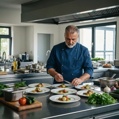 Chef traiteur préparant des plats raffinés pour un événement d'entreprise