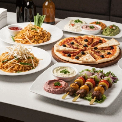 Assortiment de plats internationaux sur une table de buffet, avec des options asiatiques, méditerranéennes et du Moyen-Orient, colorés et appétissants