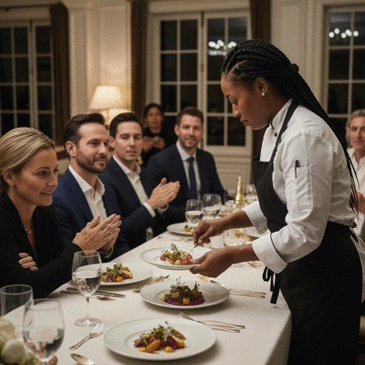 Un chef cuisinier préparant un plat élégant devant des invités lors d'un événement à domicile.