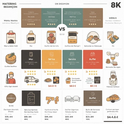 A comparison infographic of different catering services in Besançon with diverse menus, no text, no words, no typography, 8K