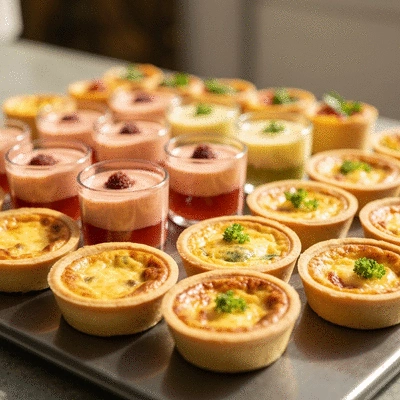 Assortiment de mini-quiches et verrines sur un plateau de service élégant