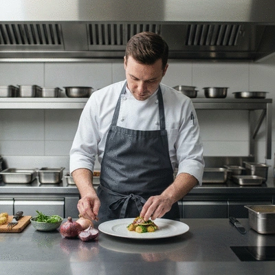 Un chef traiteur préparant un plat sophistiqué dans une cuisine professionnelle, avec des ingrédients frais et locaux, dans un style de photographie culinaire haut de gamme, no text, no words, no typography, no labels, clean image