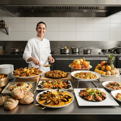 Chef preparing a gourmet buffet with various dishes