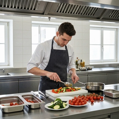 Chef traiteur préparant un plat végétarien avec des légumes frais dans une cuisine professionnelle