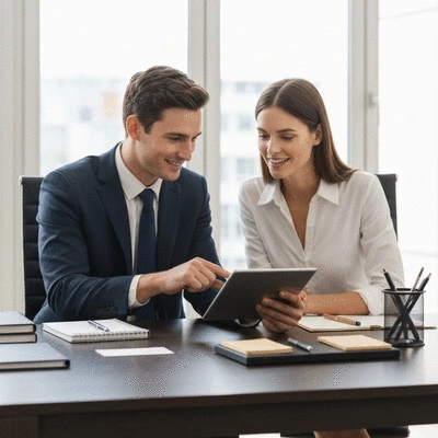 Un couple d'organisateurs d'événements discutant d'un budget sur une tablette, avec des notes et des stylos sur une table, ambiance professionnelle et moderne