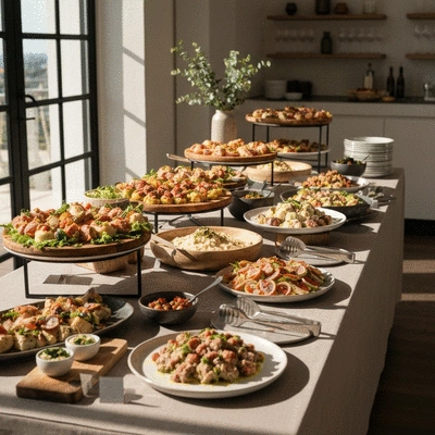 Elegant buffet table with a variety of gourmet dishes, fresh ingredients, and a sophisticated presentation for a corporate event, no text, no words, no typography, 8K