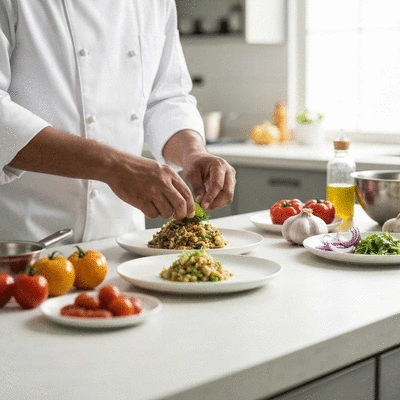 Chef preparing a gourmet dish with fresh ingredients in a professional kitchen, no text, no words, no typography, clean image