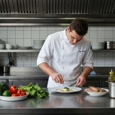 Chef preparing fresh local ingredients in a modern kitchen