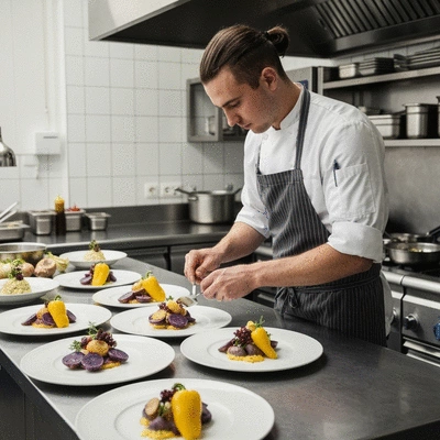 Chef traiteur préparant des plats de mariage sophistiqués dans une cuisine de restaurant, avec des ingrédients frais et colorés, ambiance professionnelle et lumineuse