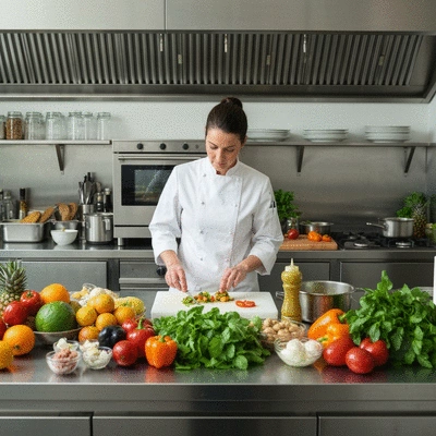 Un chef traiteur préparant un menu gastronomique avec des ingrédients frais dans une cuisine moderne.