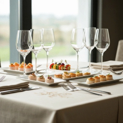 Table élégamment dressée avec des plats de dégustation et des verres de vin