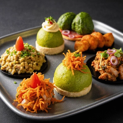 Artfully arranged creative culinary dishes on a serving platter