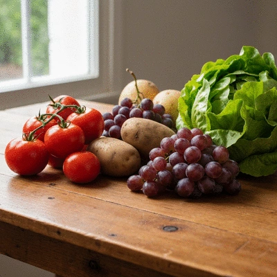 Assortment of fresh, colorful local produce on a wooden table, representing sustainable culinary choices